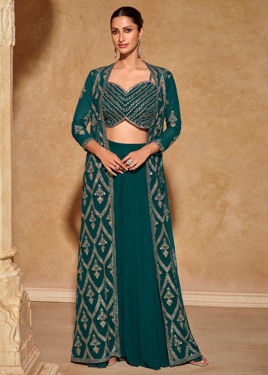 peacock Blue Georgette Top Plazzo Set With Long Embroidered Jacket