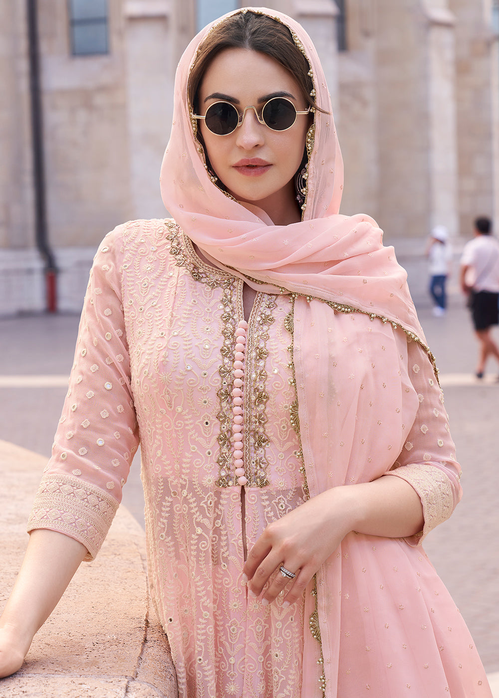 Flamingo Pink Georgette Plazzo Suit With Embroidery Work