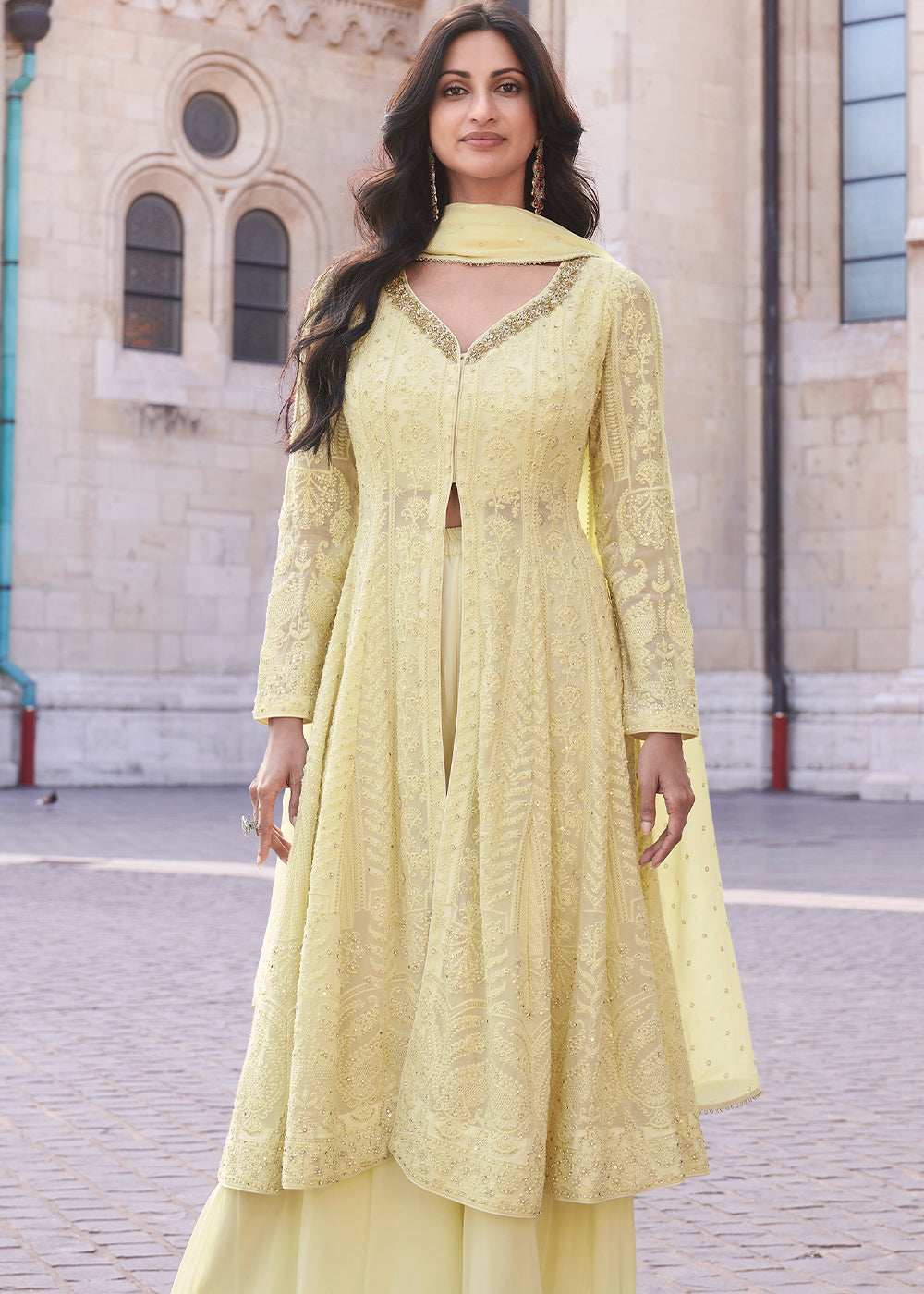 Blonde Yellow Georgette Plazzo Suit With Embroidery Work