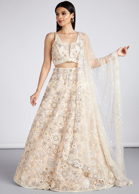 Cream White Net Lehenga Choli with Sequins,Coding Thread Embroidery work