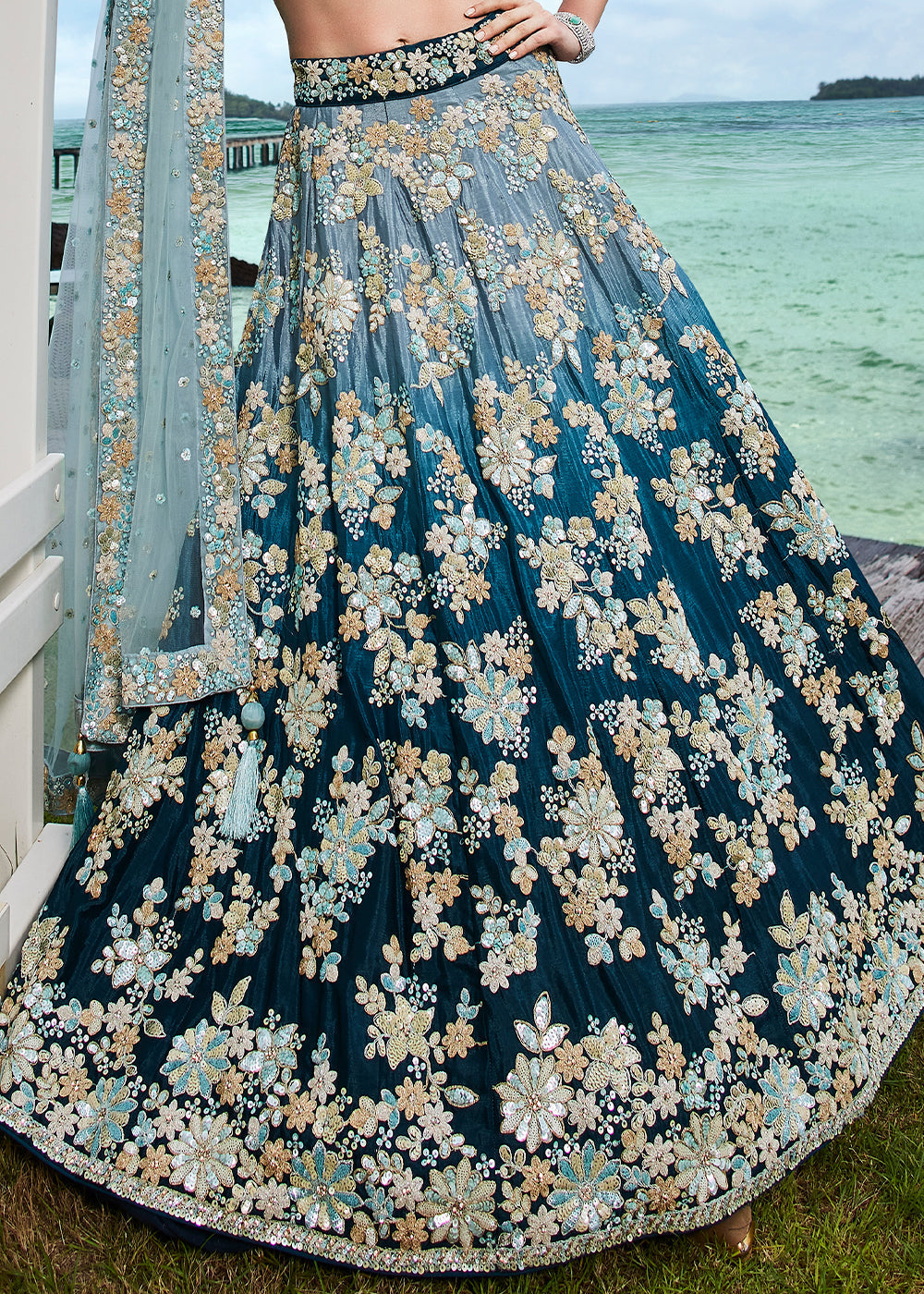 Shades Of Blue Georgette Lehenga Choli with Sequins,Coding,Moti & Zarkan work