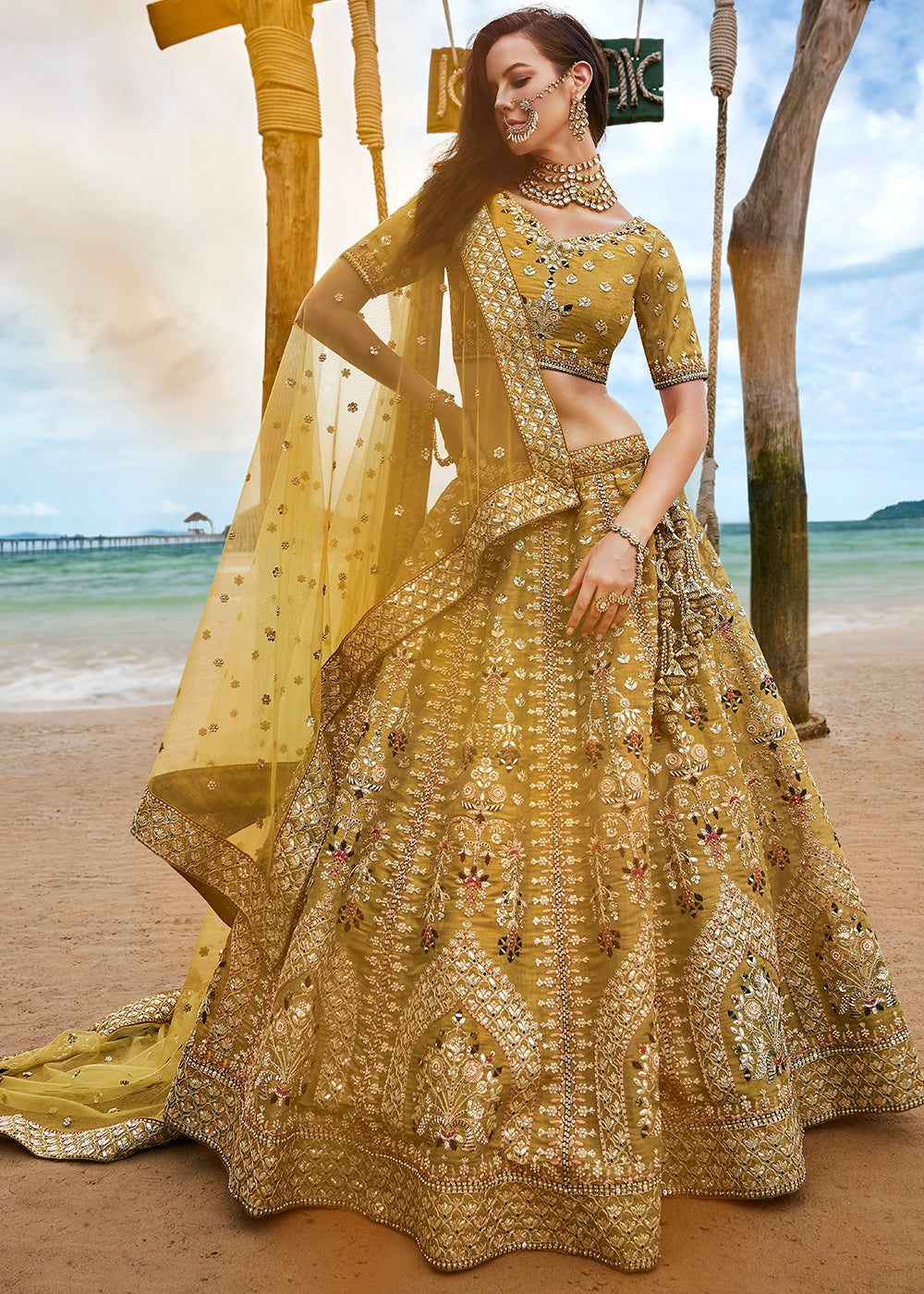 Mustard Yellow Net Lehenga Choli Having Sequins, Moti,