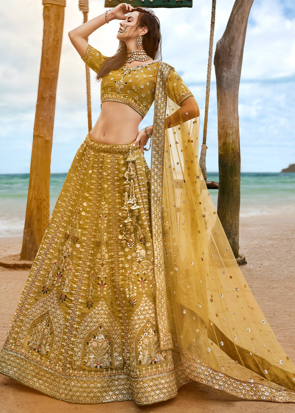 Mustard Yellow Net Lehenga Choli Having Sequins, Moti,