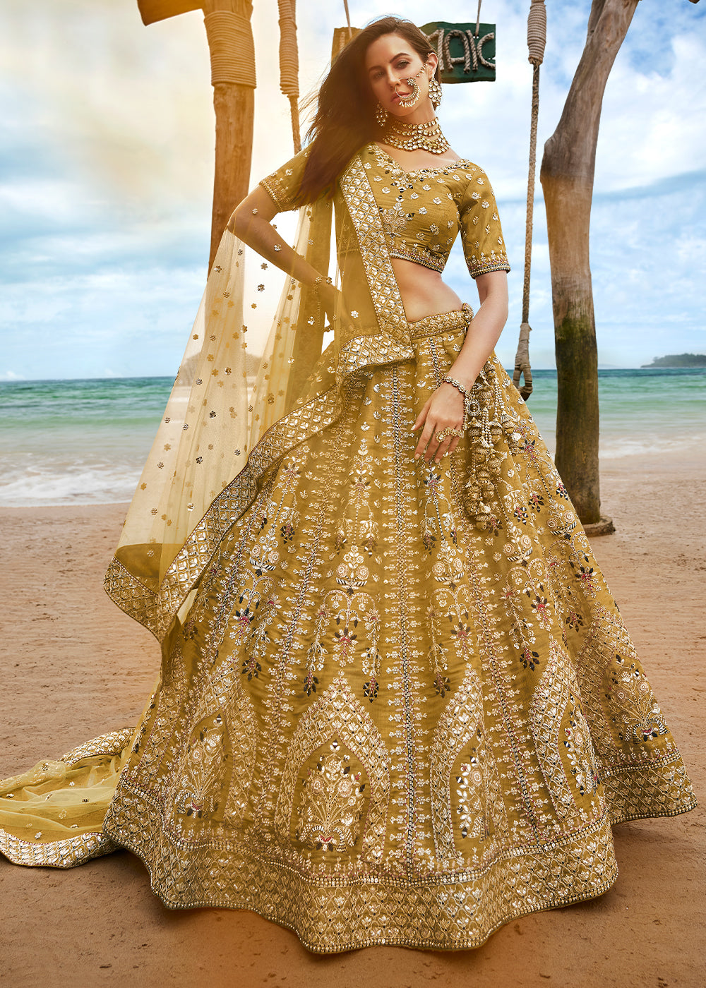 Mustard Yellow Net Lehenga Choli Having Sequins, Moti,