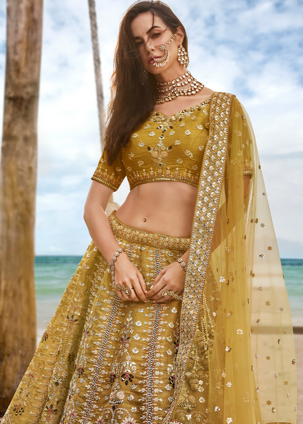 Mustard Yellow Net Lehenga Choli Having Sequins, Moti,