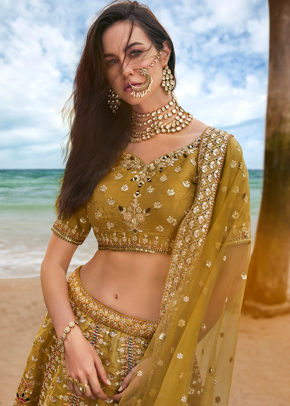 Mustard Yellow Net Lehenga Choli Having Sequins, Moti,