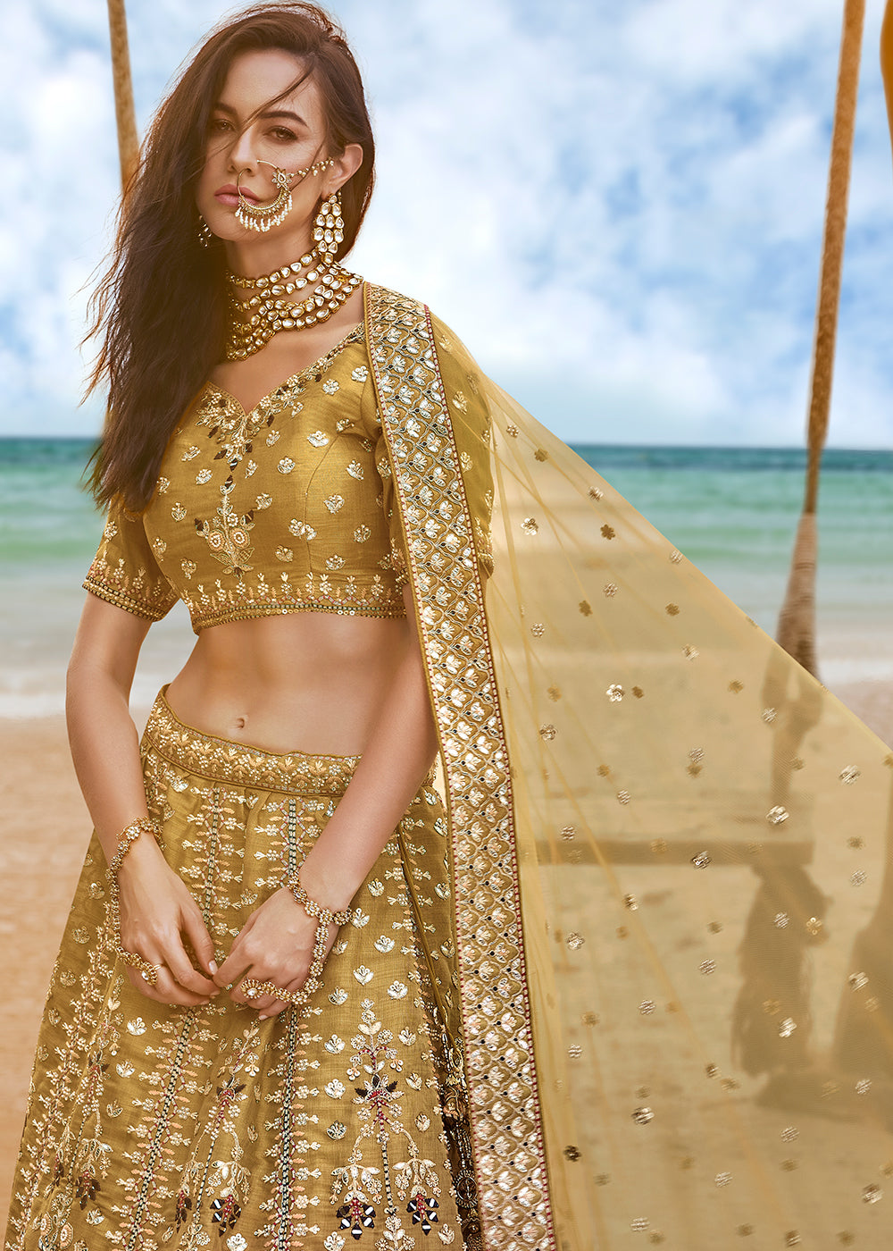 Mustard Yellow Net Lehenga Choli Having Sequins, Moti,