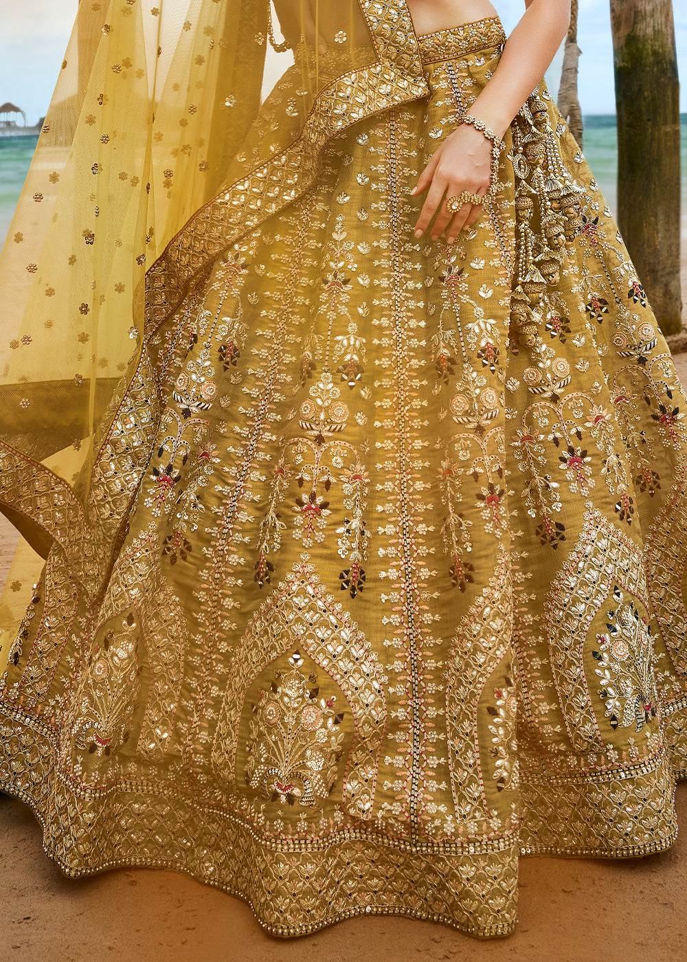 Mustard Yellow Net Lehenga Choli Having Sequins, Moti,