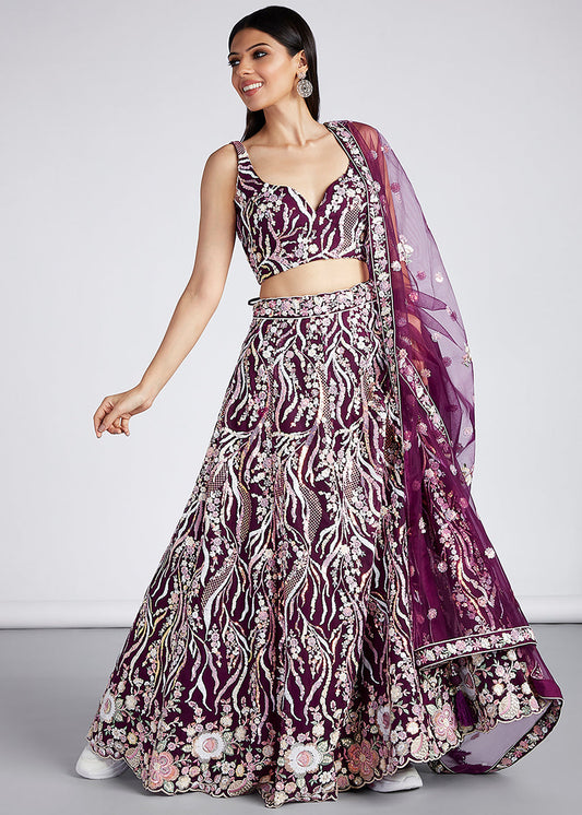 Tyrian Purple Net Lehenga Choli With Sequins & Thread Embroidery Work