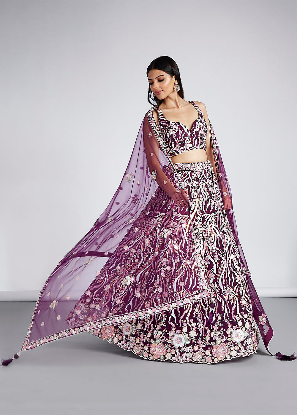 Tyrian Purple Net Lehenga Choli With Sequins & Thread Embroidery Work