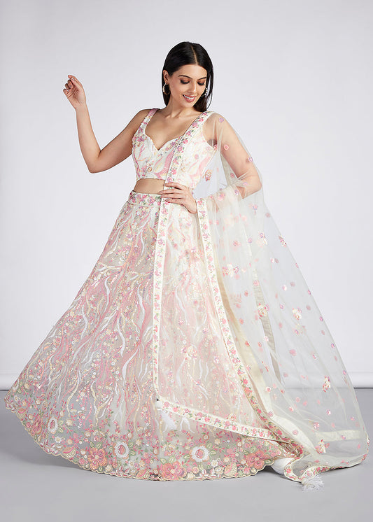 Cream White Net Lehenga Choli With Sequins & Thread Embroidery Work