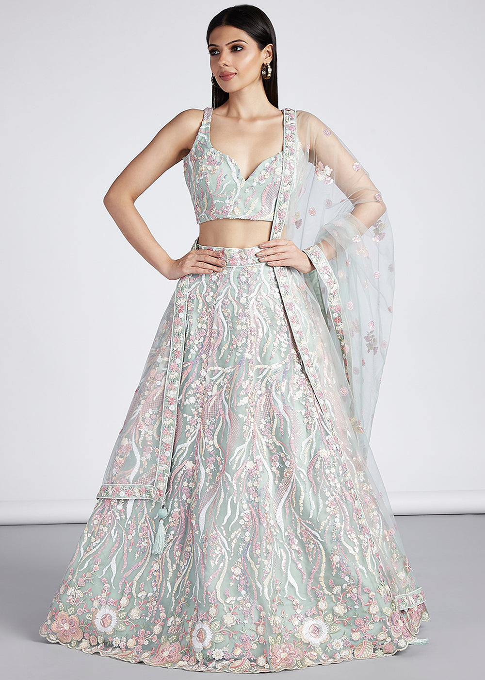 Tea Green Net Lehenga Choli With Sequins & Thread Embroidery Work