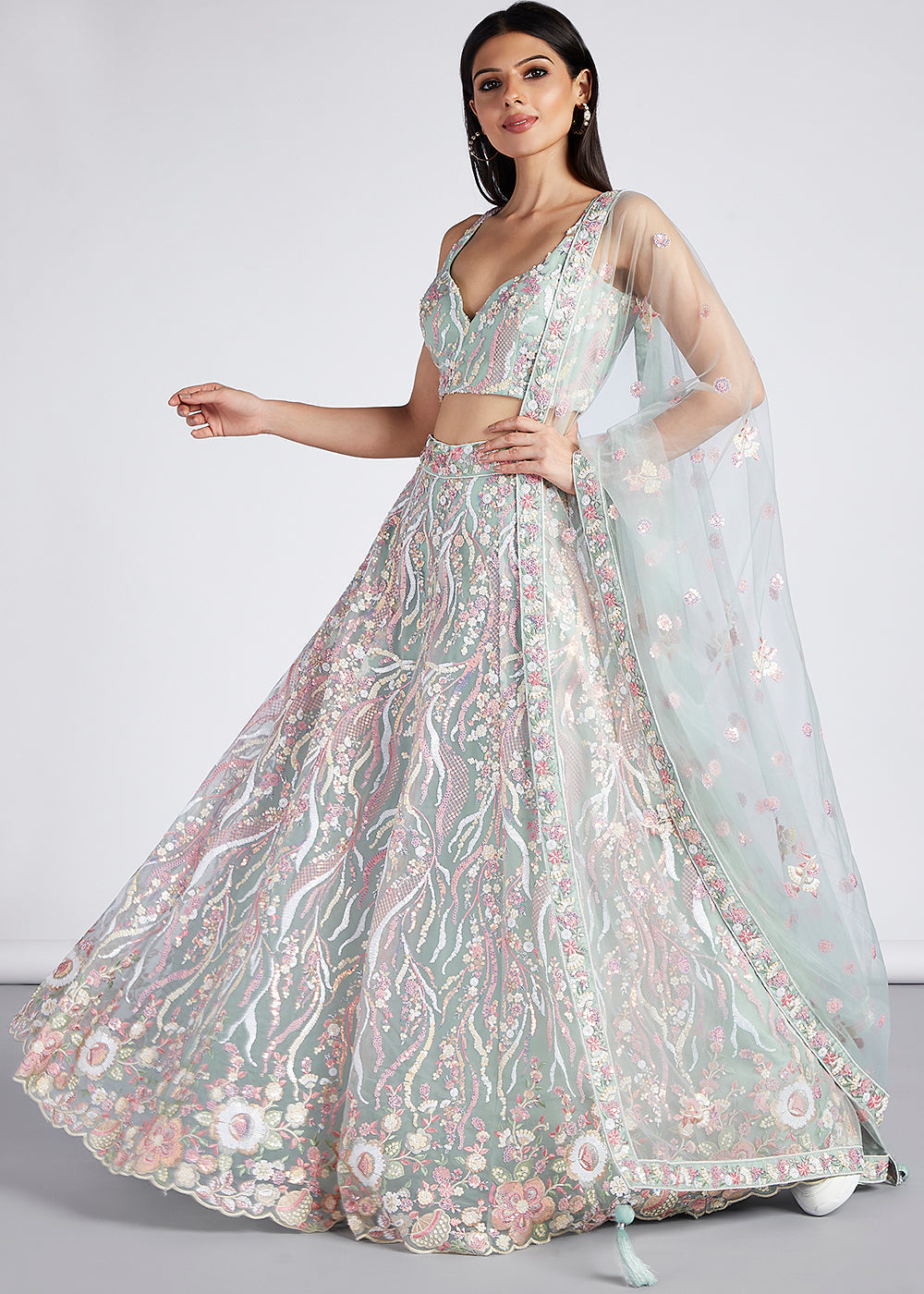 Tea Green Net Lehenga Choli With Sequins & Thread Embroidery Work