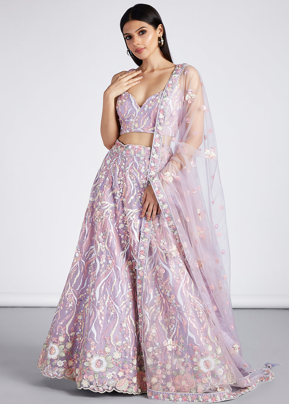 Lilac Purple Net Lehenga Choli With Sequins & Thread Embroidery Work