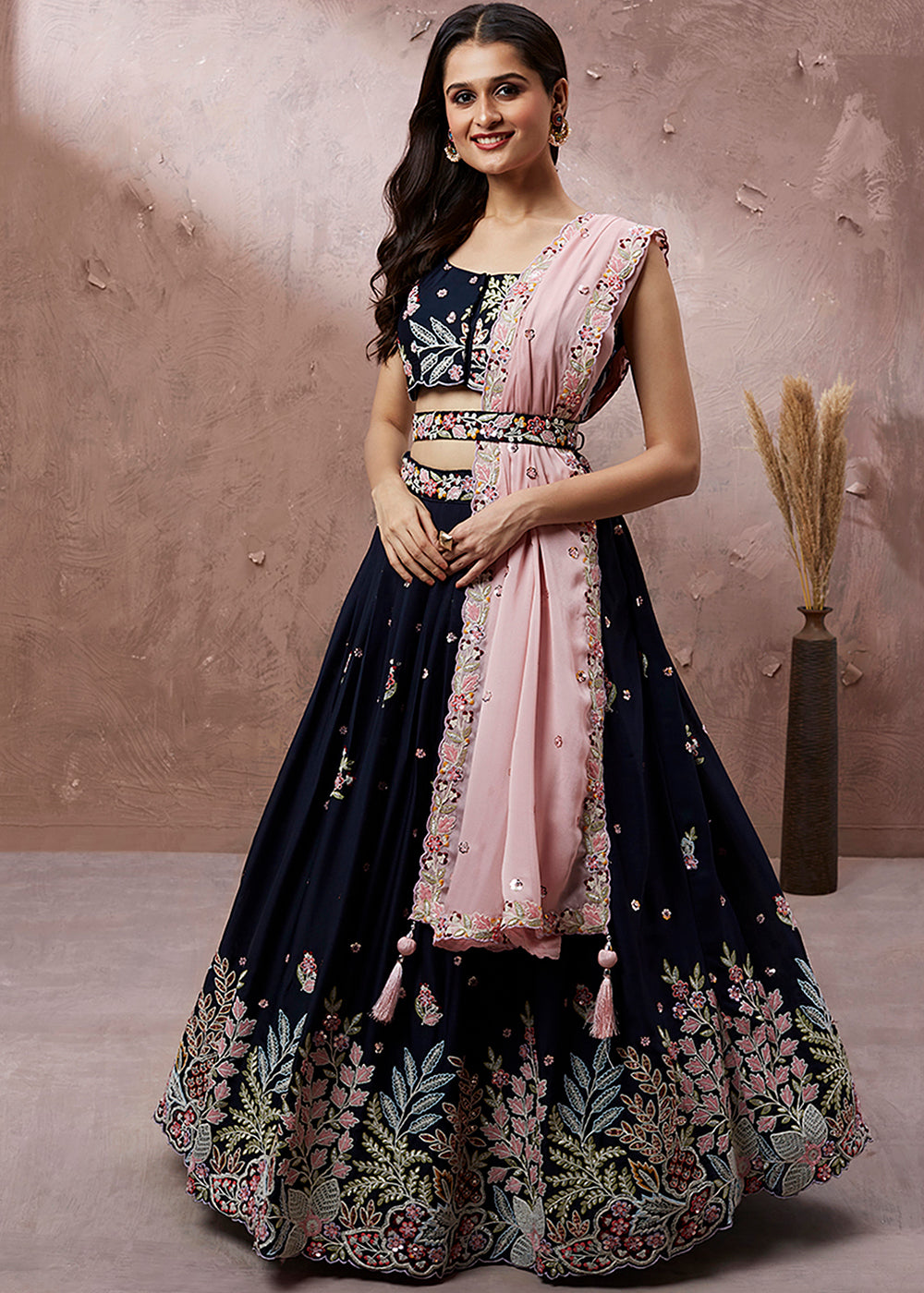 Denim Blue Georgette Lehenga Choli with Heavy Sequins & Coding Thread Embroidery work