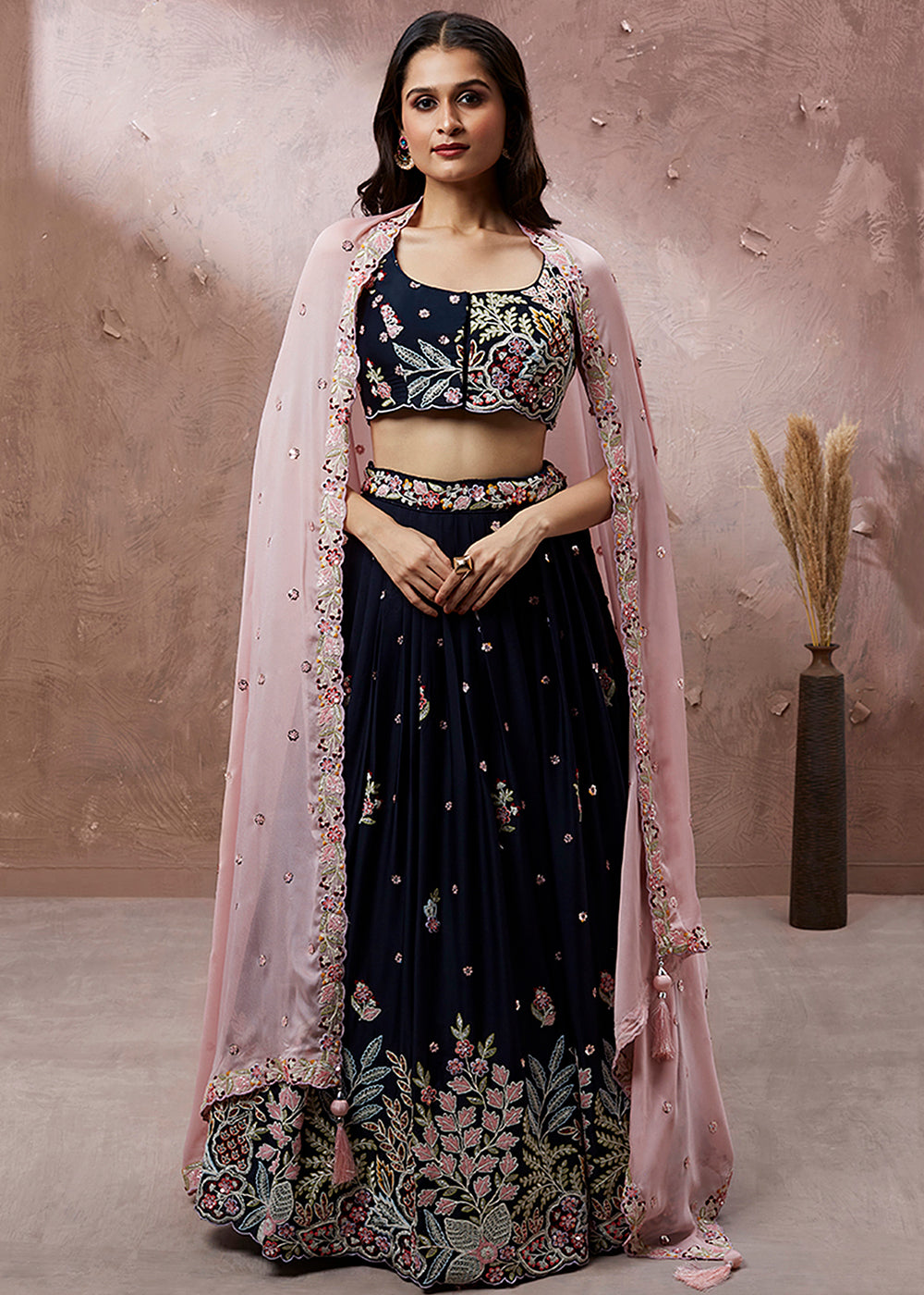 Denim Blue Georgette Lehenga Choli with Heavy Sequins & Coding Thread Embroidery work
