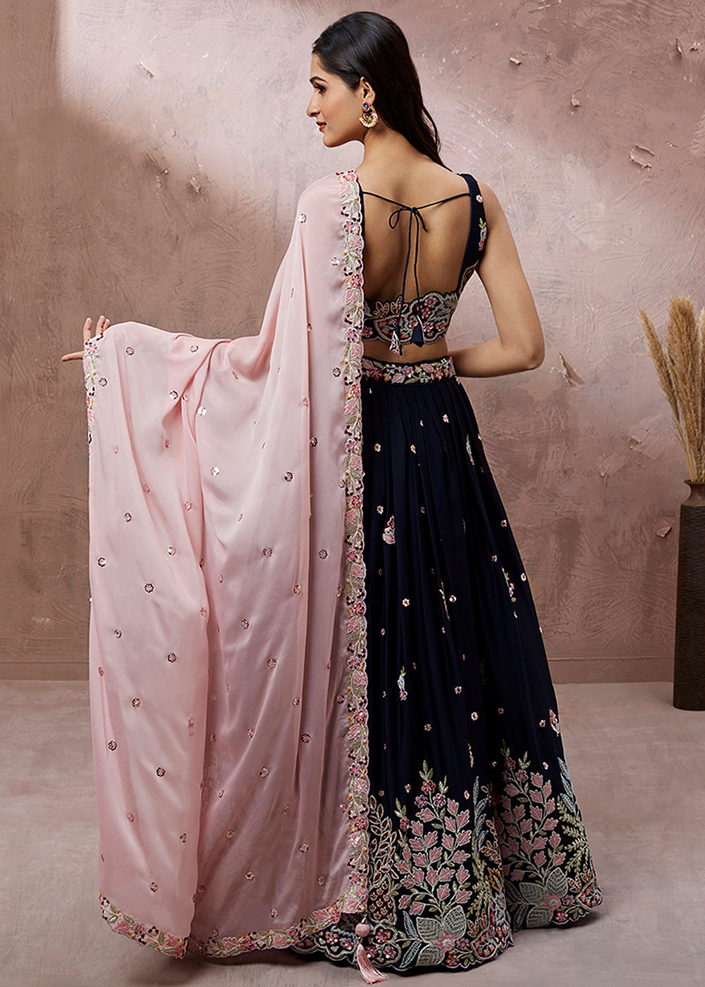 Denim Blue Georgette Lehenga Choli with Heavy Sequins & Coding Thread Embroidery work