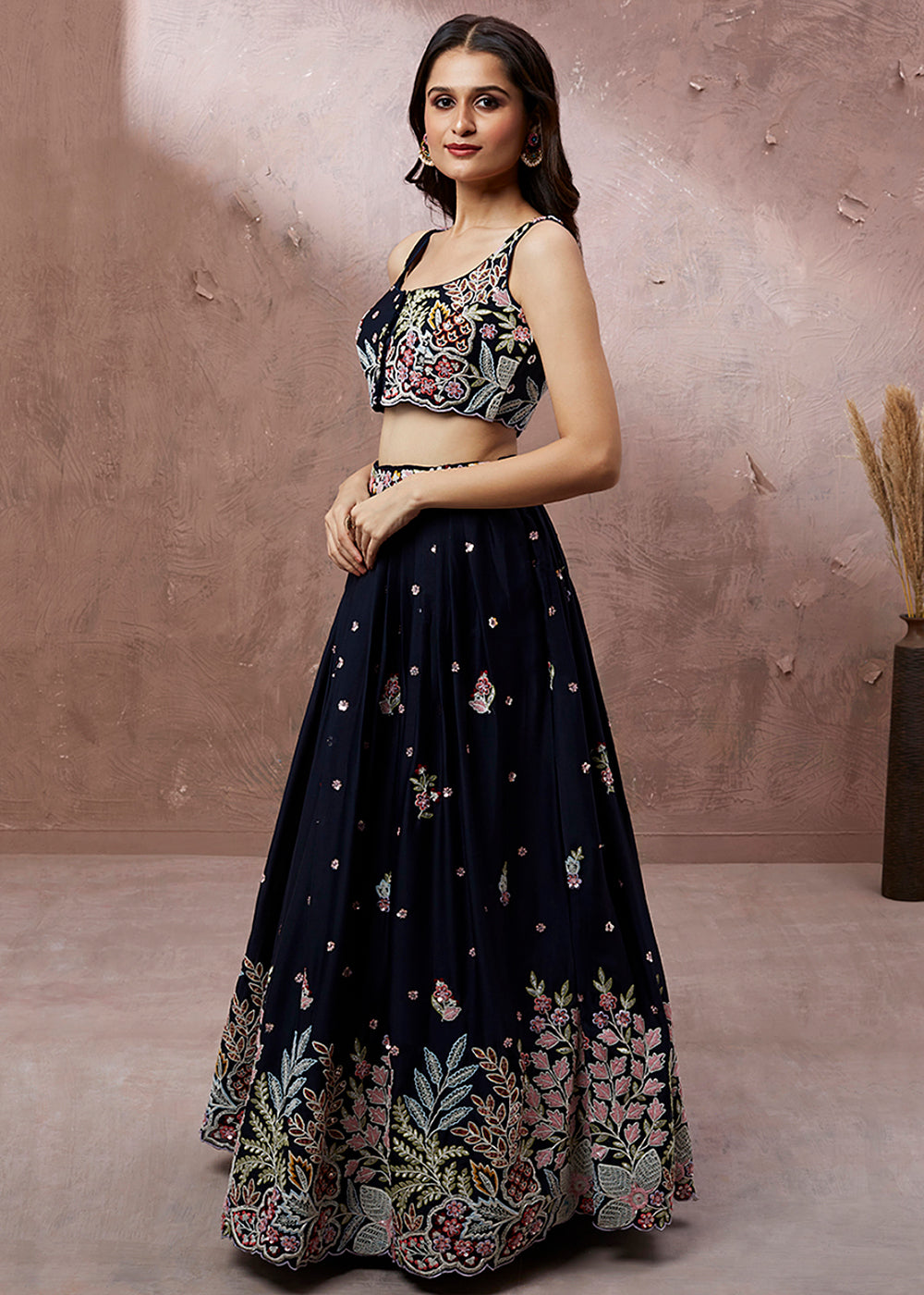 Denim Blue Georgette Lehenga Choli with Heavy Sequins & Coding Thread Embroidery work