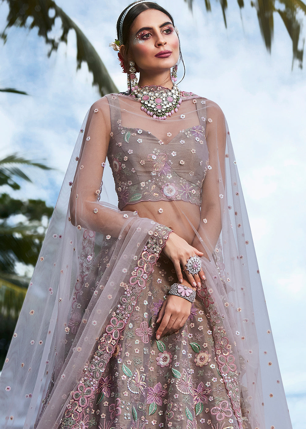 Saddle Brown Net Lehenga Choli with Sequins,Coding,Moti & Zarkan work