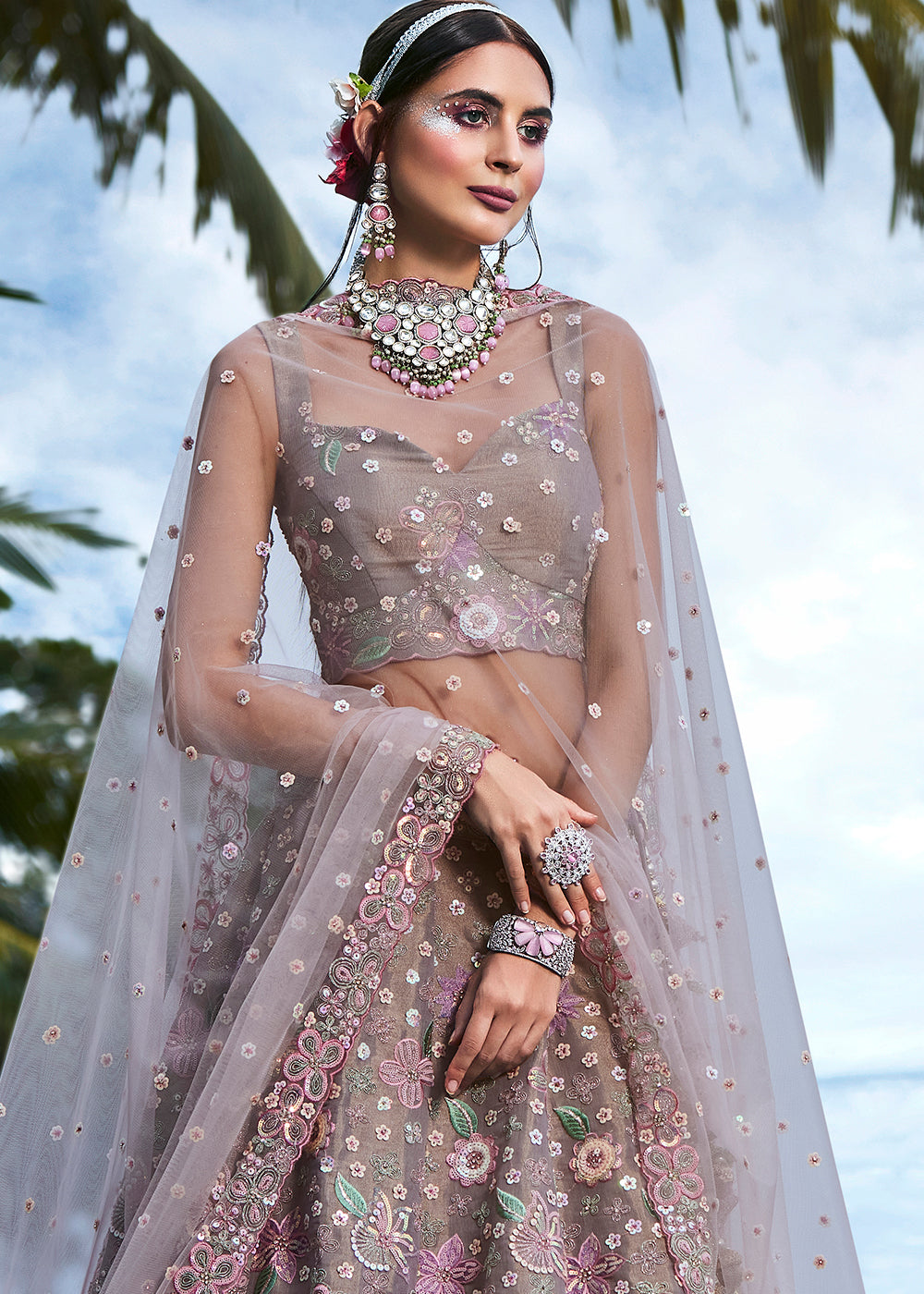 Saddle Brown Net Lehenga Choli with Sequins,Coding,Moti & Zarkan work