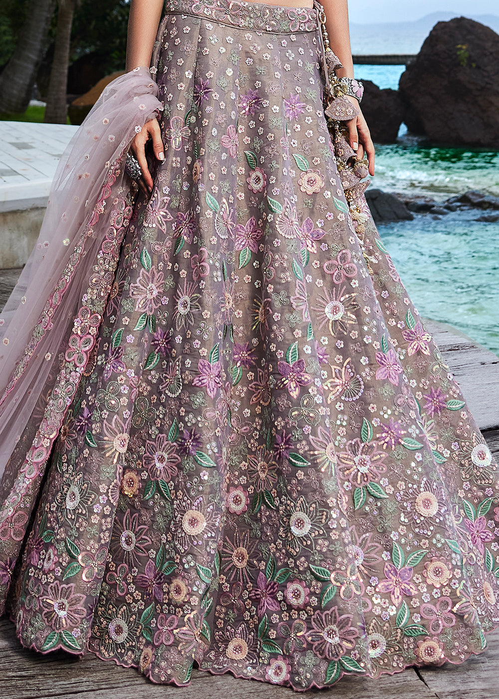 Saddle Brown Net Lehenga Choli with Sequins,Coding,Moti & Zarkan work
