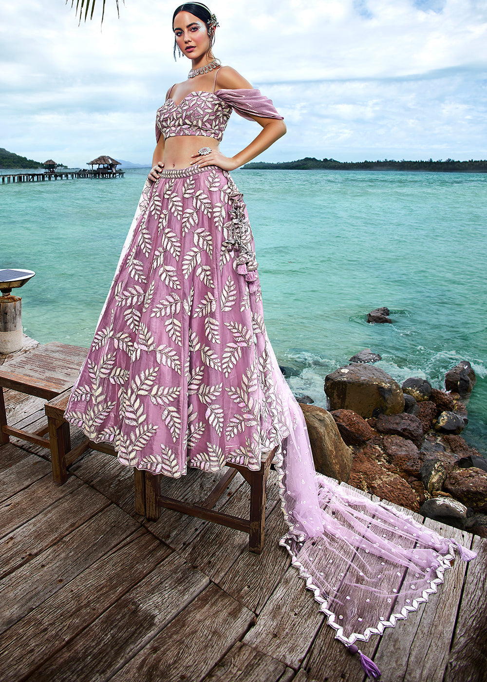 Mauve Purple Organza Lehenga Choli with Sequins,Coding,Moti & Zarkan work