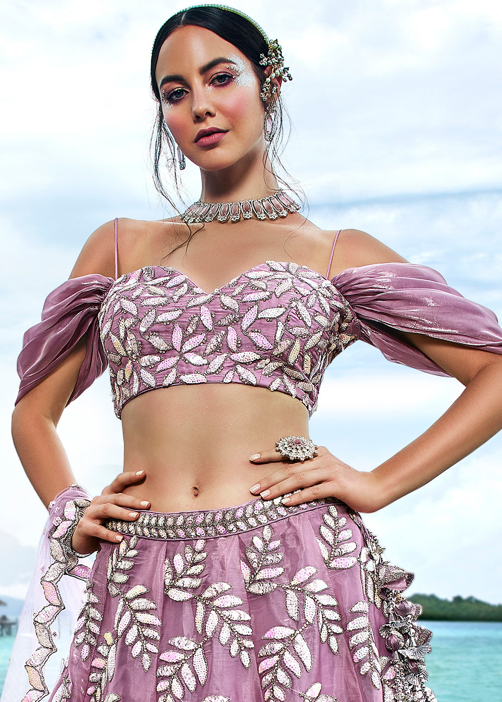 Mauve Purple Organza Lehenga Choli with Sequins,Coding,Moti & Zarkan work