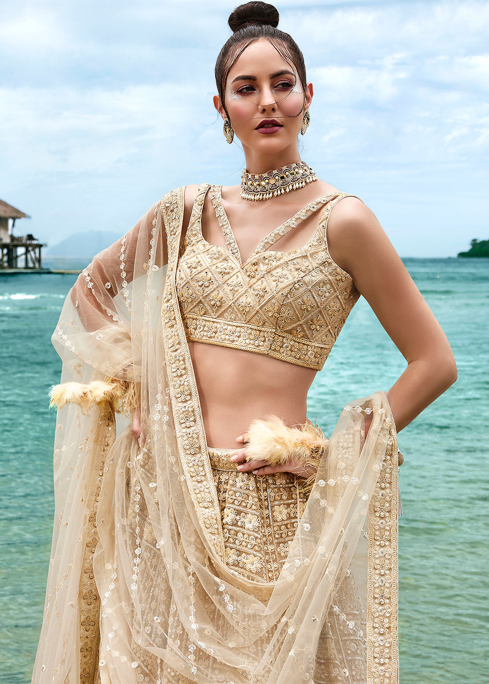 Cream White Net Lehenga Choli with Sequins, Zarkan & Coding Thread Embroidery work