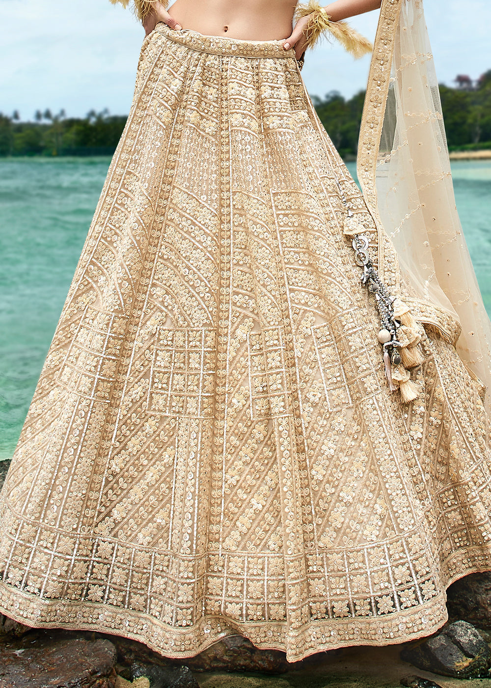 Cream White Net Lehenga Choli with Sequins, Zarkan & Coding Thread Embroidery work