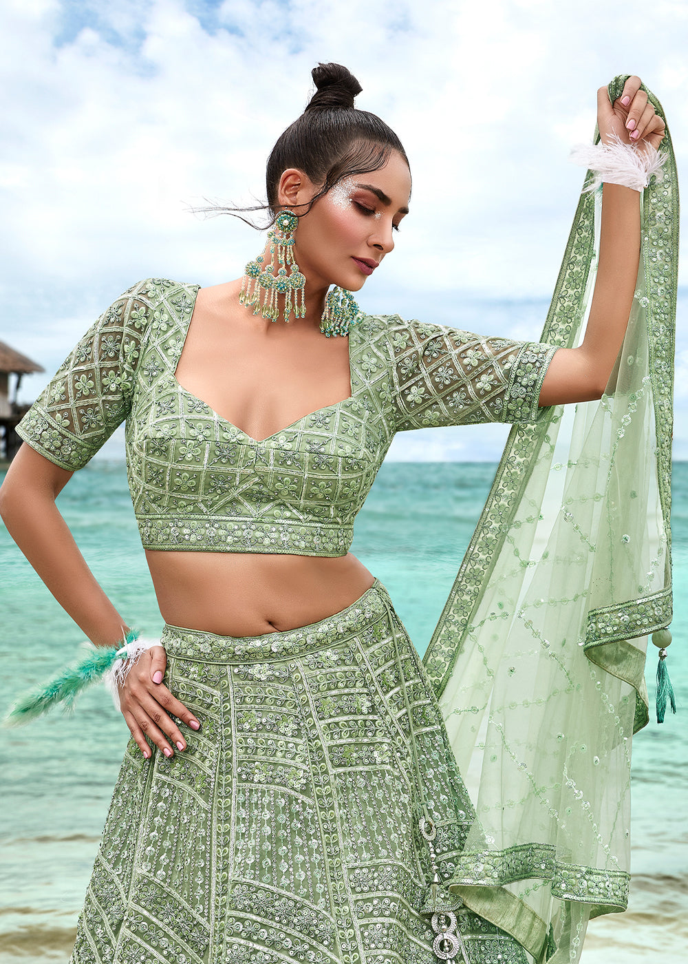 Lime Green Net Lehenga Choli with Sequins, Zarkan & Coding Thread Embroidery work