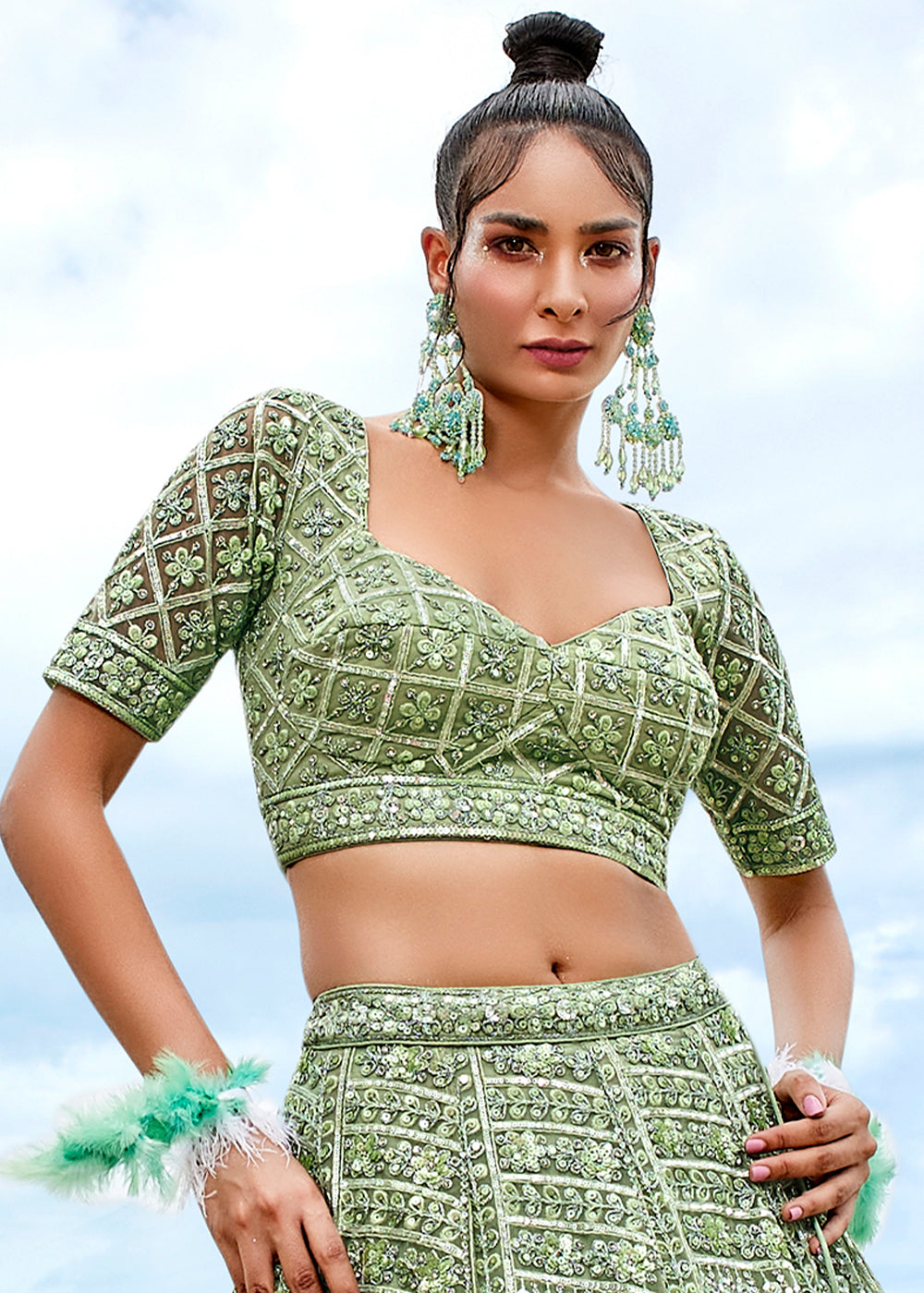 Lime Green Net Lehenga Choli with Sequins, Zarkan & Coding Thread Embroidery work