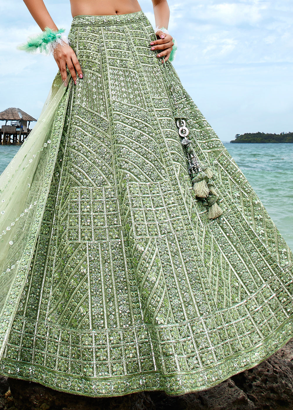 Lime Green Net Lehenga Choli with Sequins, Zarkan & Coding Thread Embroidery work