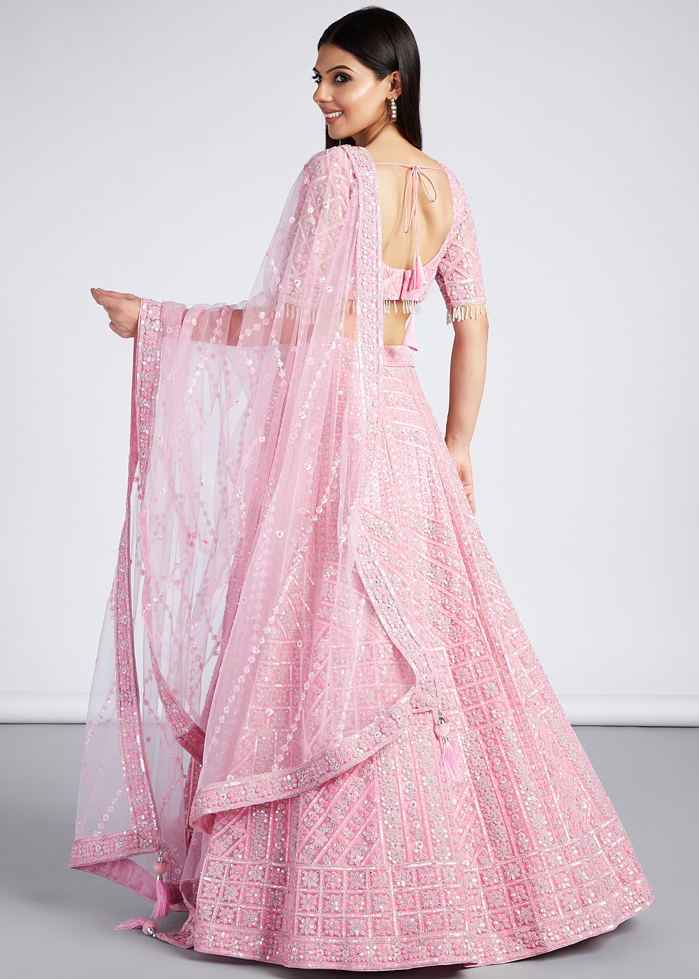 Flamingo Pink Net Lehenga Choli with Sequins, Zarkan & Coding Thread Embroidery work
