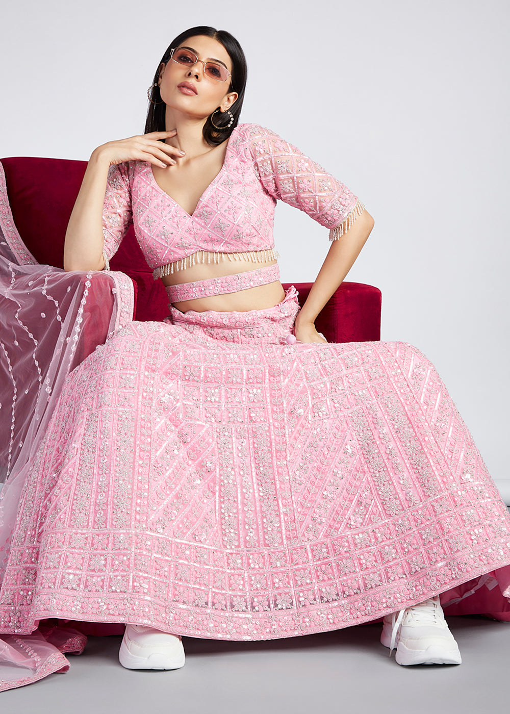 Flamingo Pink Net Lehenga Choli with Sequins, Zarkan & Coding Thread Embroidery work