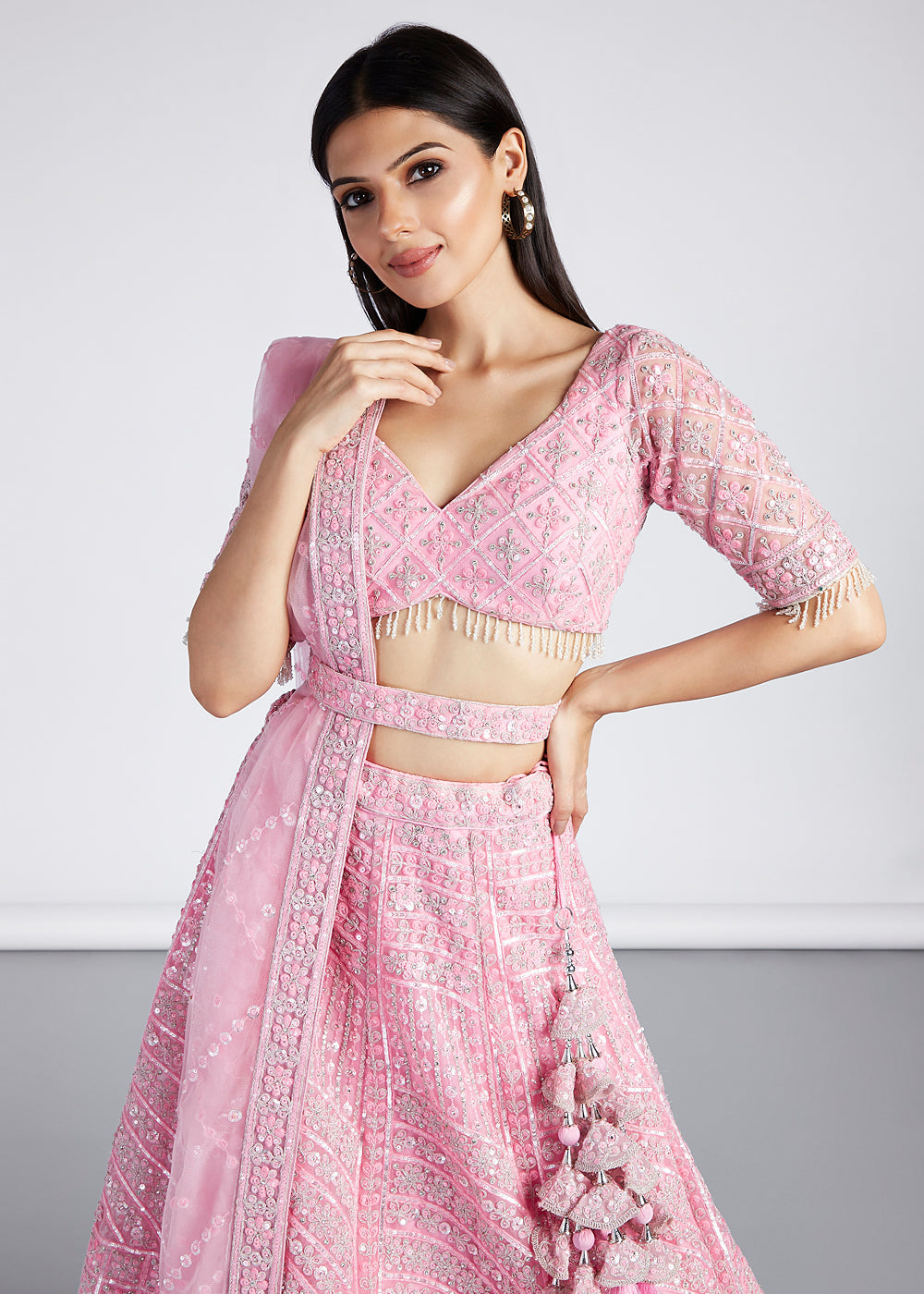 Flamingo Pink Net Lehenga Choli with Sequins, Zarkan & Coding Thread Embroidery work