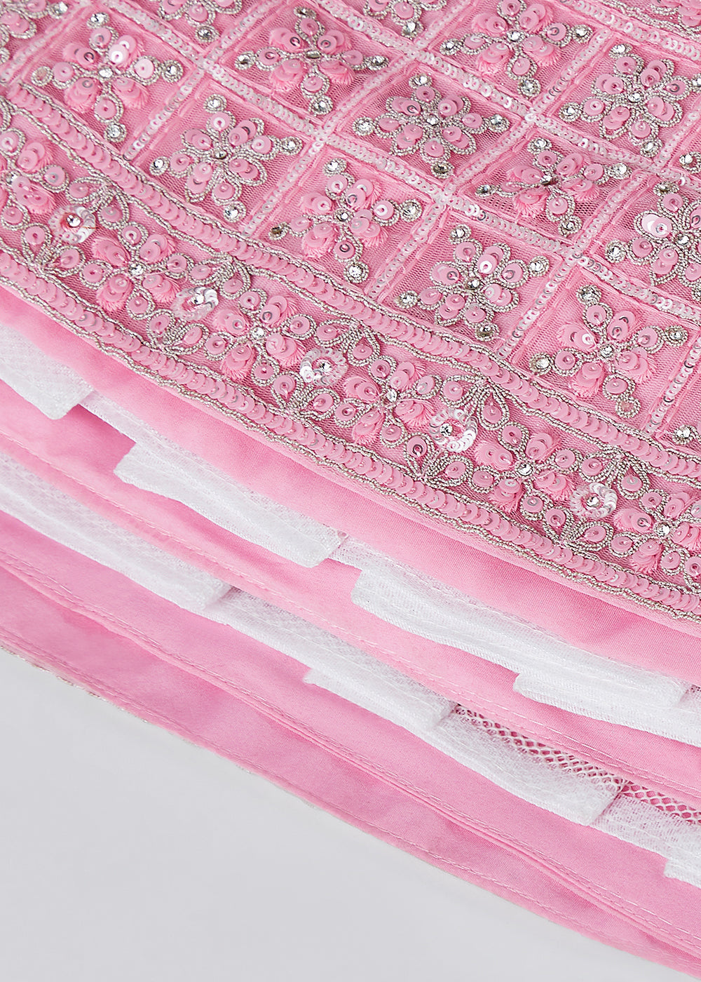 Flamingo Pink Net Lehenga Choli with Sequins, Zarkan & Coding Thread Embroidery work