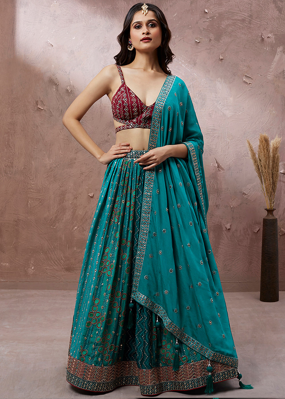 Teal Blue Georgette Lehenga Choli with Heavy Sequins & Coding Thread Embroidery work