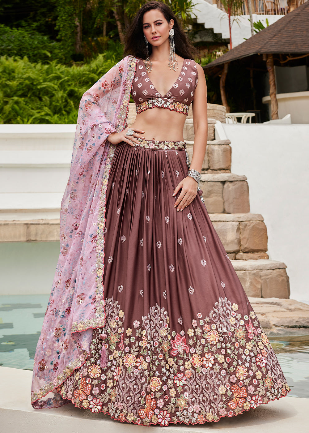 Dark Rose Gold Georgette Lehenga Choli With Heavy Sequins Embroidery Work