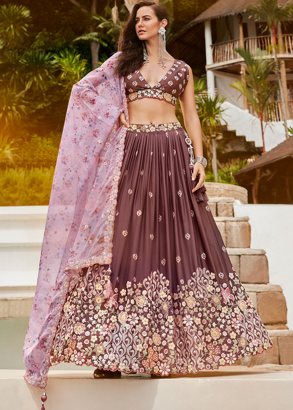 Dark Rose Gold Georgette Lehenga Choli With Heavy Sequins Embroidery Work