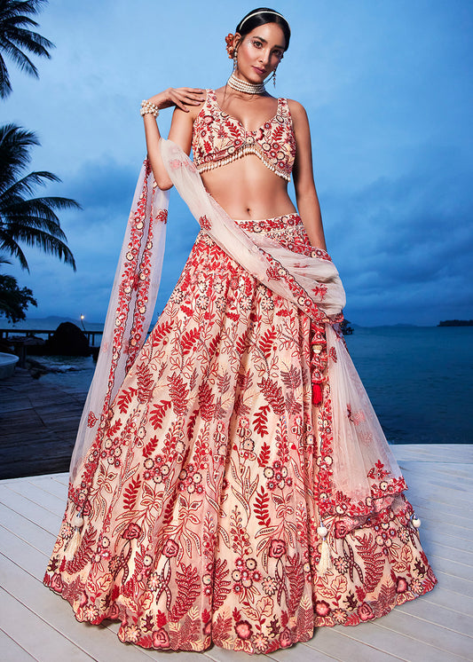Peach & Red Net Lehenga Choli with Sequins,Mirror & Coding Thread Embroidery work