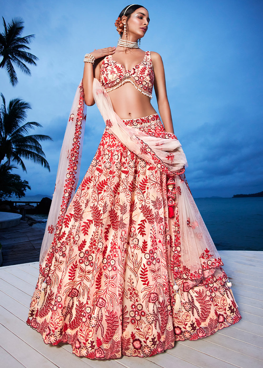 Peach & Red Net Lehenga Choli with Sequins,Mirror & Coding Thread Embroidery work