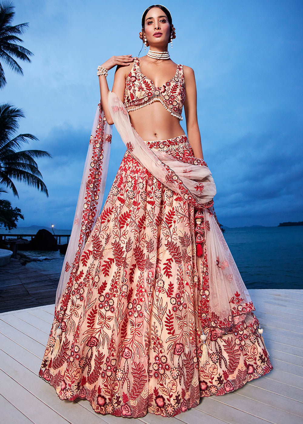 Peach & Red Net Lehenga Choli with Sequins,Mirror & Coding Thread Embroidery work