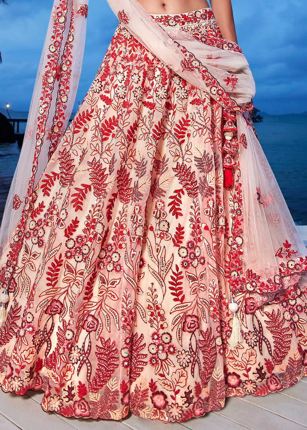 Peach & Red Net Lehenga Choli with Sequins,Mirror & Coding Thread Embroidery work