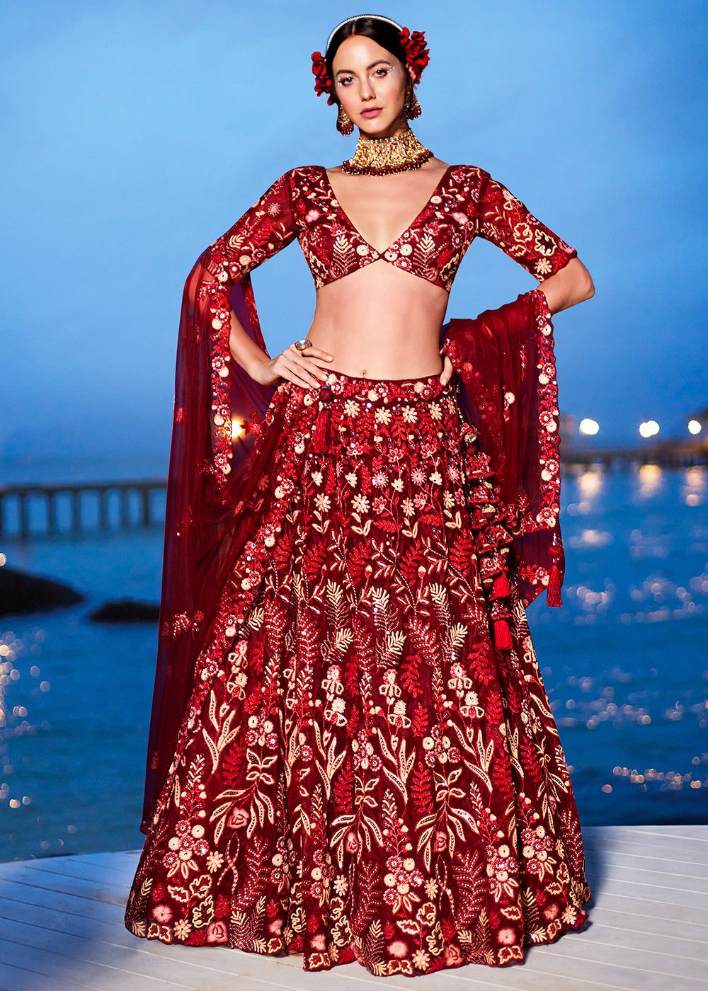 Falu Red Net Lehenga Choli with Sequins,Mirror & Coding Thread Embroidery work