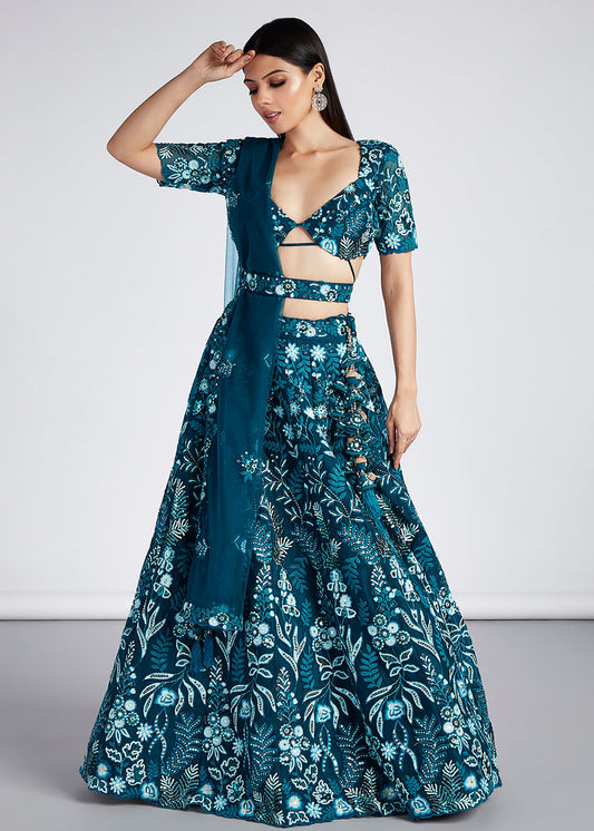 Teal Blue Net Lehenga Choli with Sequins,Mirror & Coding Thread Embroidery work