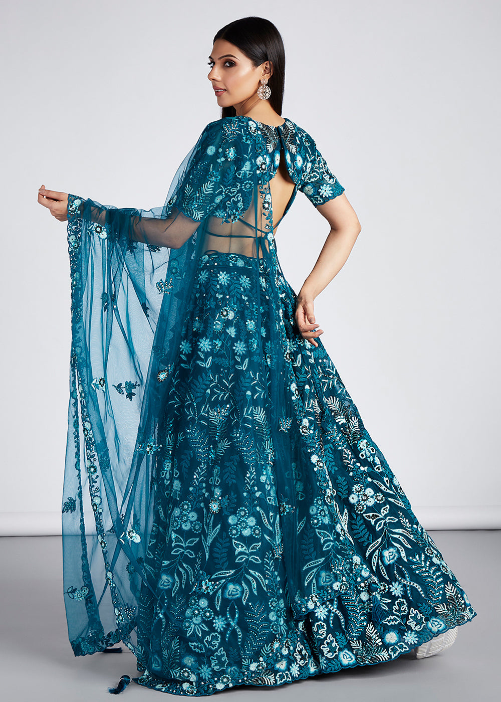 Teal Blue Net Lehenga Choli with Sequins,Mirror & Coding Thread Embroidery work