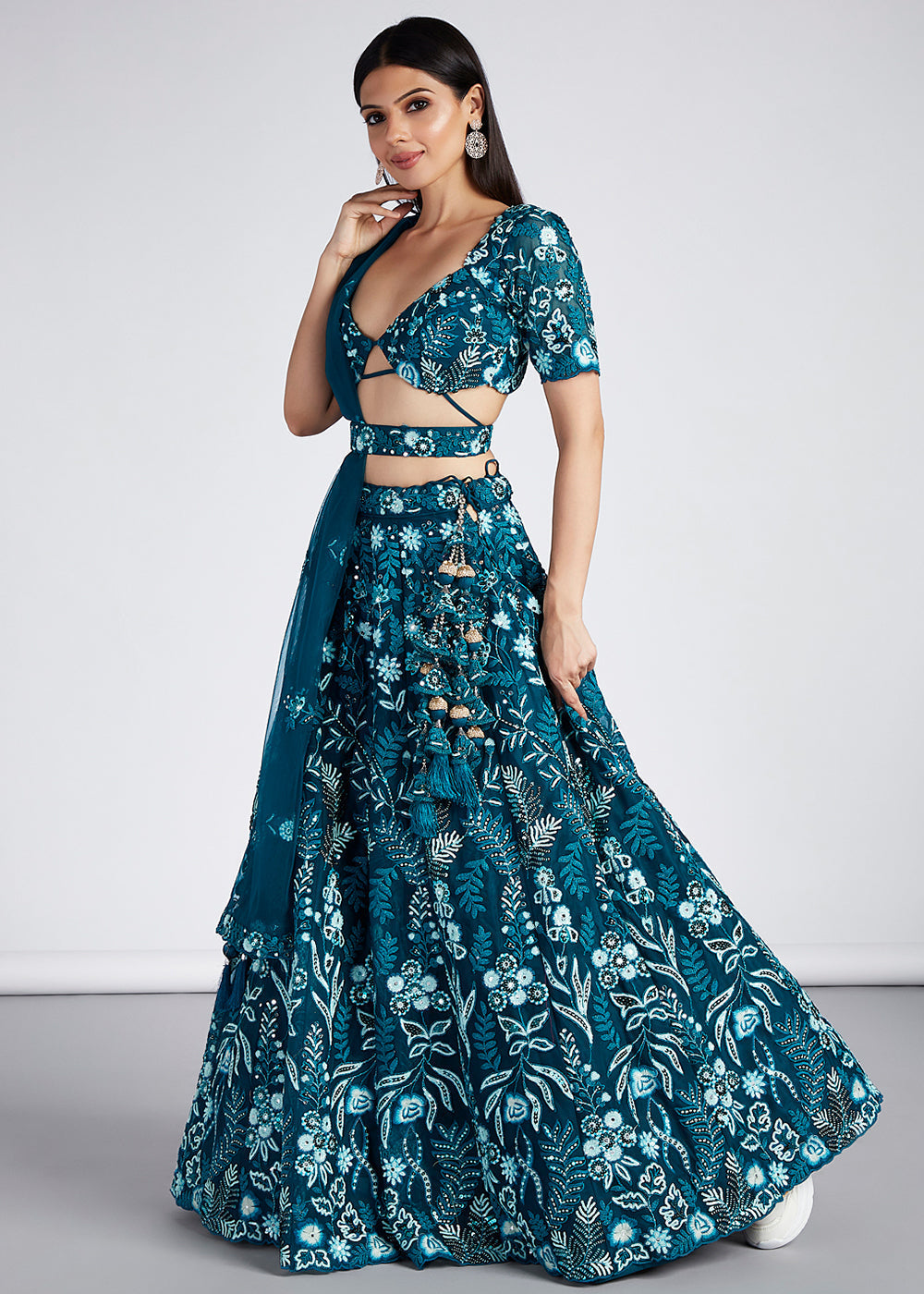 Teal Blue Net Lehenga Choli with Sequins,Mirror & Coding Thread Embroidery work