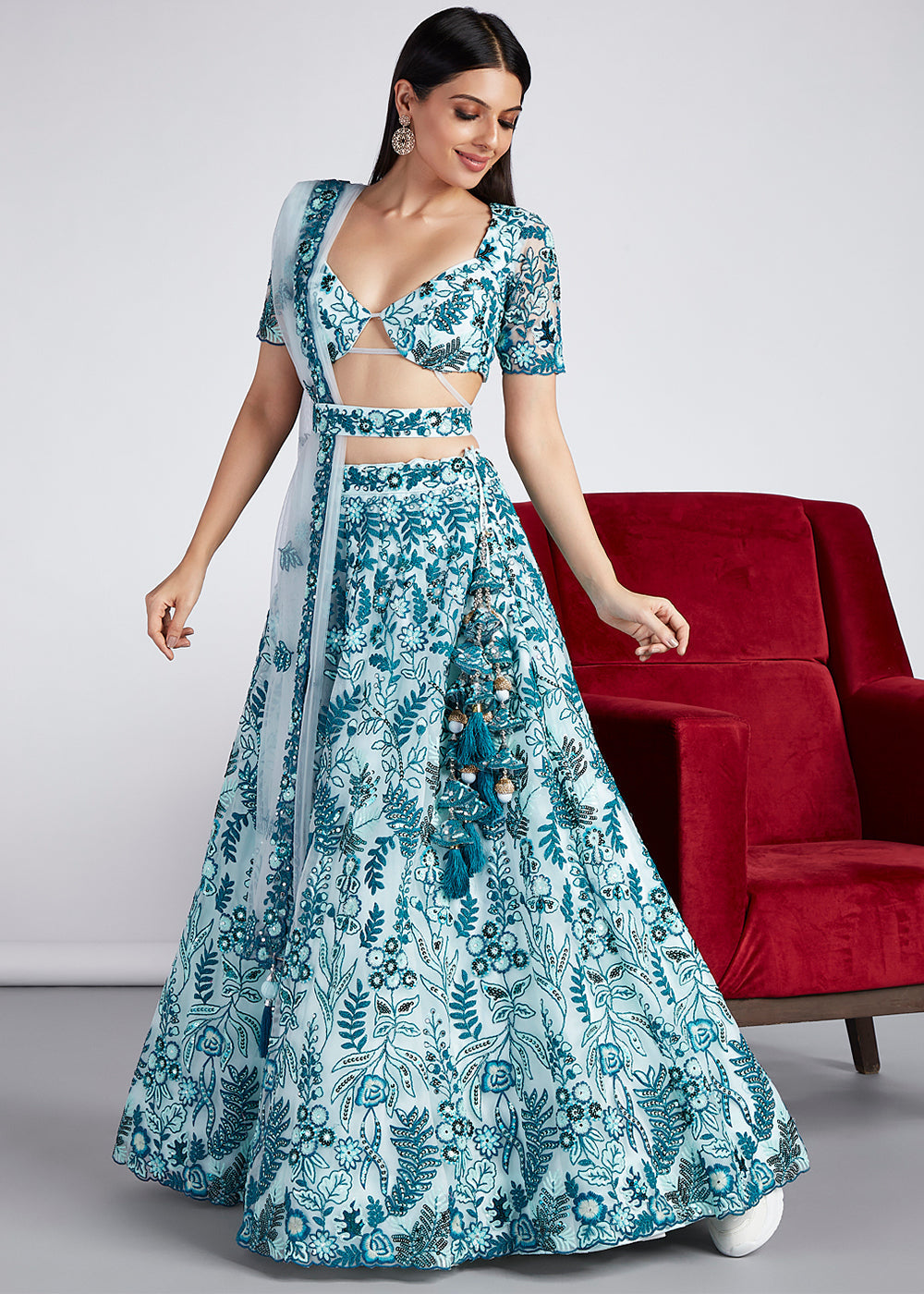 Shades Of Blue Net Lehenga Choli with Sequins,Mirror & Coding Thread Embroidery work