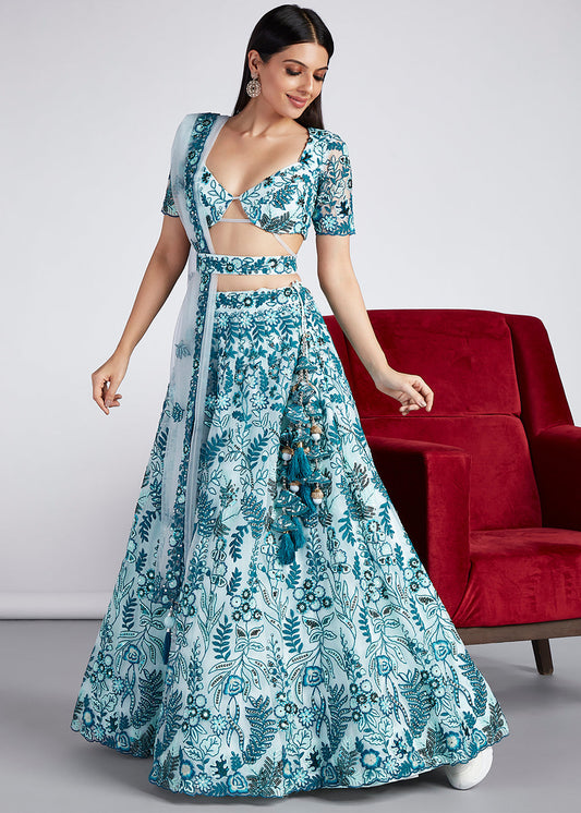 Shades Of Blue Net Lehenga Choli with Sequins,Mirror & Coding Thread Embroidery work