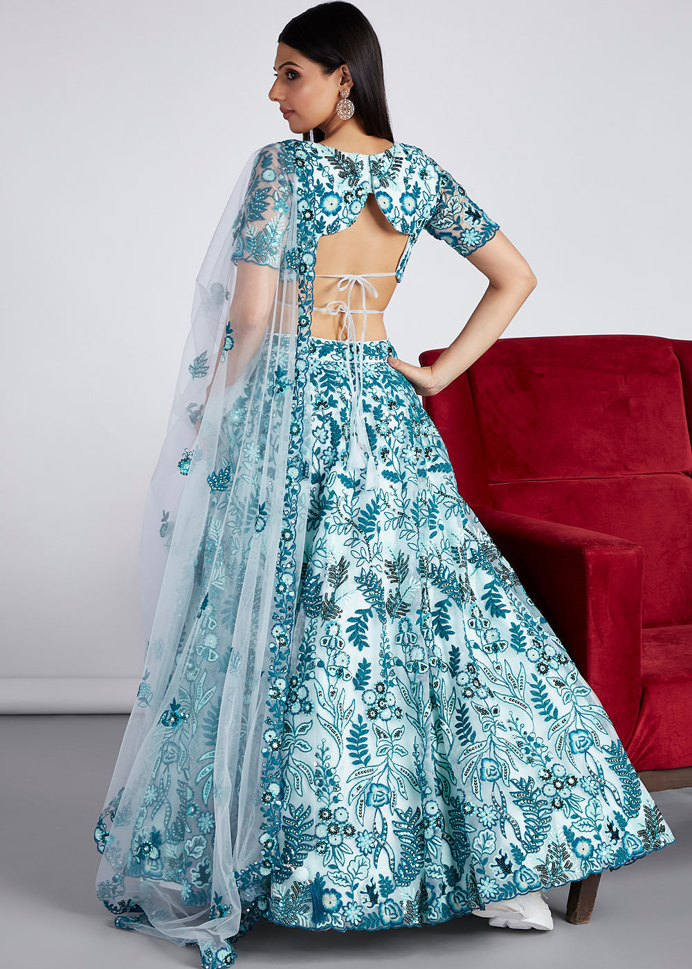 Shades Of Blue Net Lehenga Choli with Sequins,Mirror & Coding Thread Embroidery work
